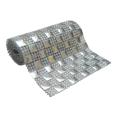 1 PC Approx. 1 Meter Length 4.5 Inch Wide Silver Checks Square Design Rhinestone Ribbon Roll Lace for Cake Decoration Sparkling Diamond Mesh Wrap Lace for Wedding Cakes Silver Lace DIY Cake Decoration