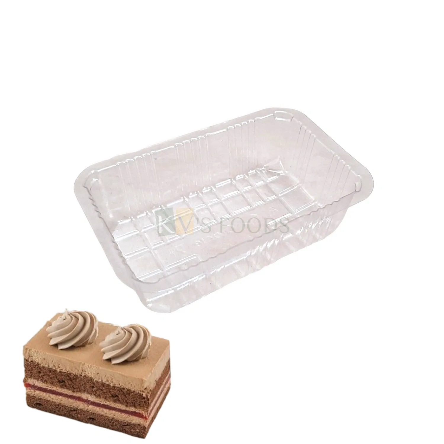 100 PCS Size 3.5 x 2.7 Inches, Height 1.2 Inches Capacity ~100 Grams Transparent Plastic Rectangle Pastry Pacakging Tray Disposable Box, Bakery Accessories, Pastry Deep Container