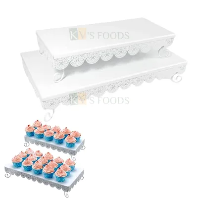 2PCS Set of Rectangular Cupcake Stand with Lattice Borders Size Length 14.5, 17.5 Inch for Dessert Table, Birthday Party, White Metal Rectangle Eyelet Treat Cake Stand Wedding Anniversary Celebrations