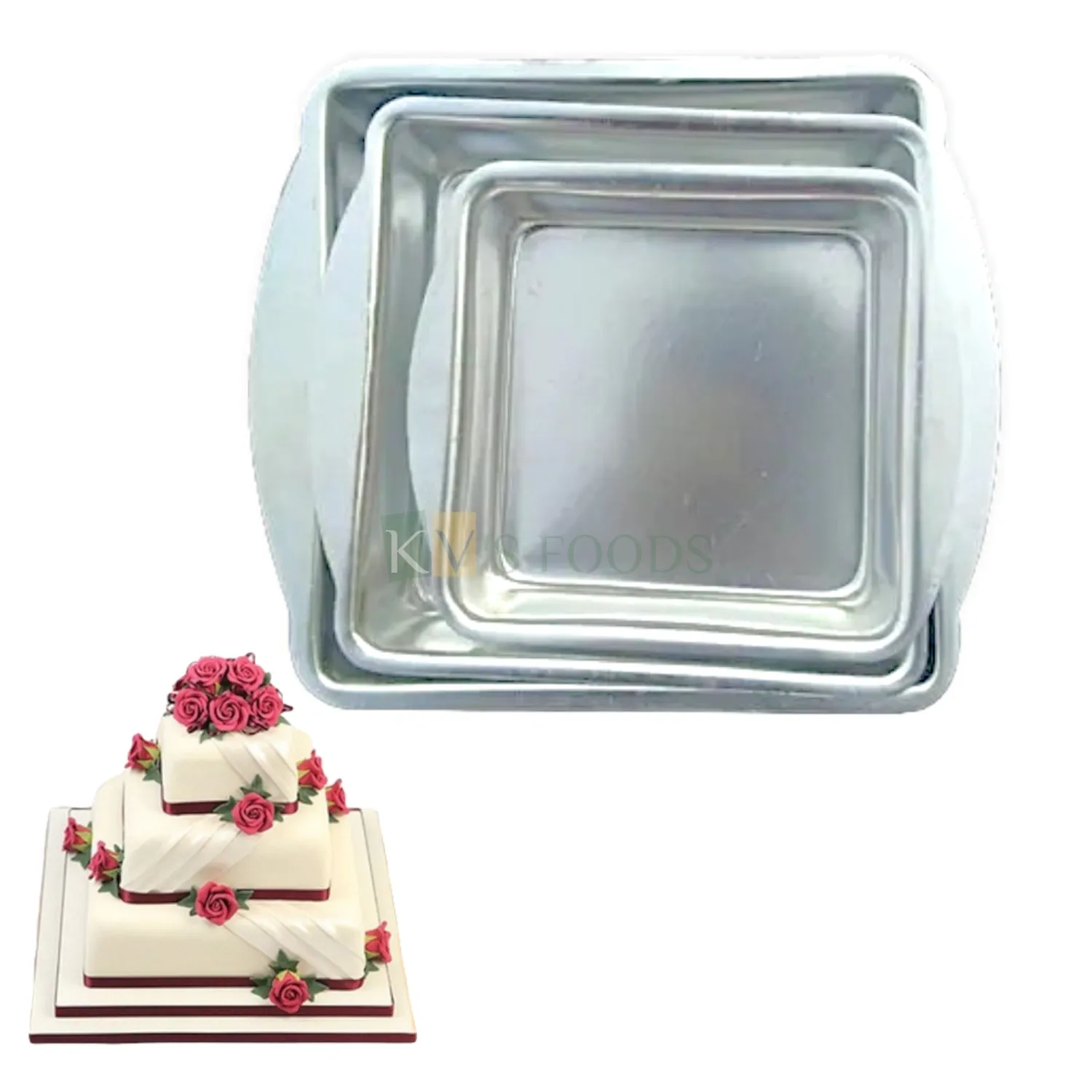 Set of 3 Aluminium Cake Baking Pan, Size Diameter Small 5.1, Medium 7, Big 7.5 Inch, Height 2 Inch Capacity ~ 250 Gm, 500 Gm, 1Kg, Silver Square Mould Bakeware Loaf Cake Containers Tin Tray for Oven