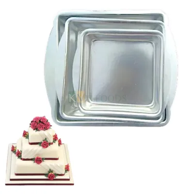 Set of 3 Aluminium Cake Baking Pan, Size Diameter Small 5.1, Medium 7, Big 7.5 Inch, Height 2 Inch Capacity ~ 250 Gm, 500 Gm, 1Kg, Silver Square Mould Bakeware Loaf Cake Containers Tin Tray for Oven