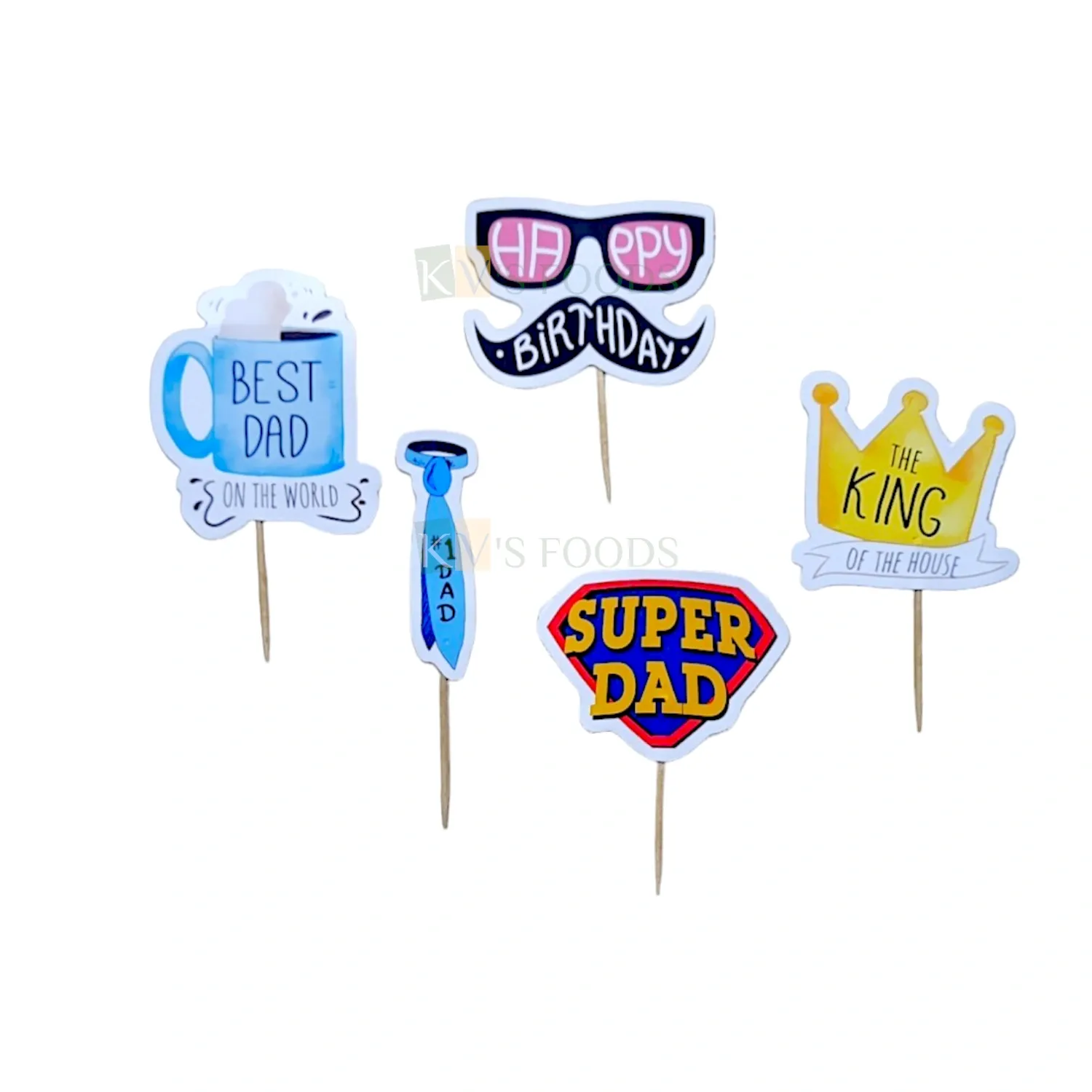 5 PCS Best Dad Super Dad, Theme Cake Paper Topper Set Insert Cupcake Topper for Fathers Dad Birthday Crown Mustache Mug Tie Decorations Items Cake Accessories, Tags, Banners, Cards, Toothpicks Toppers