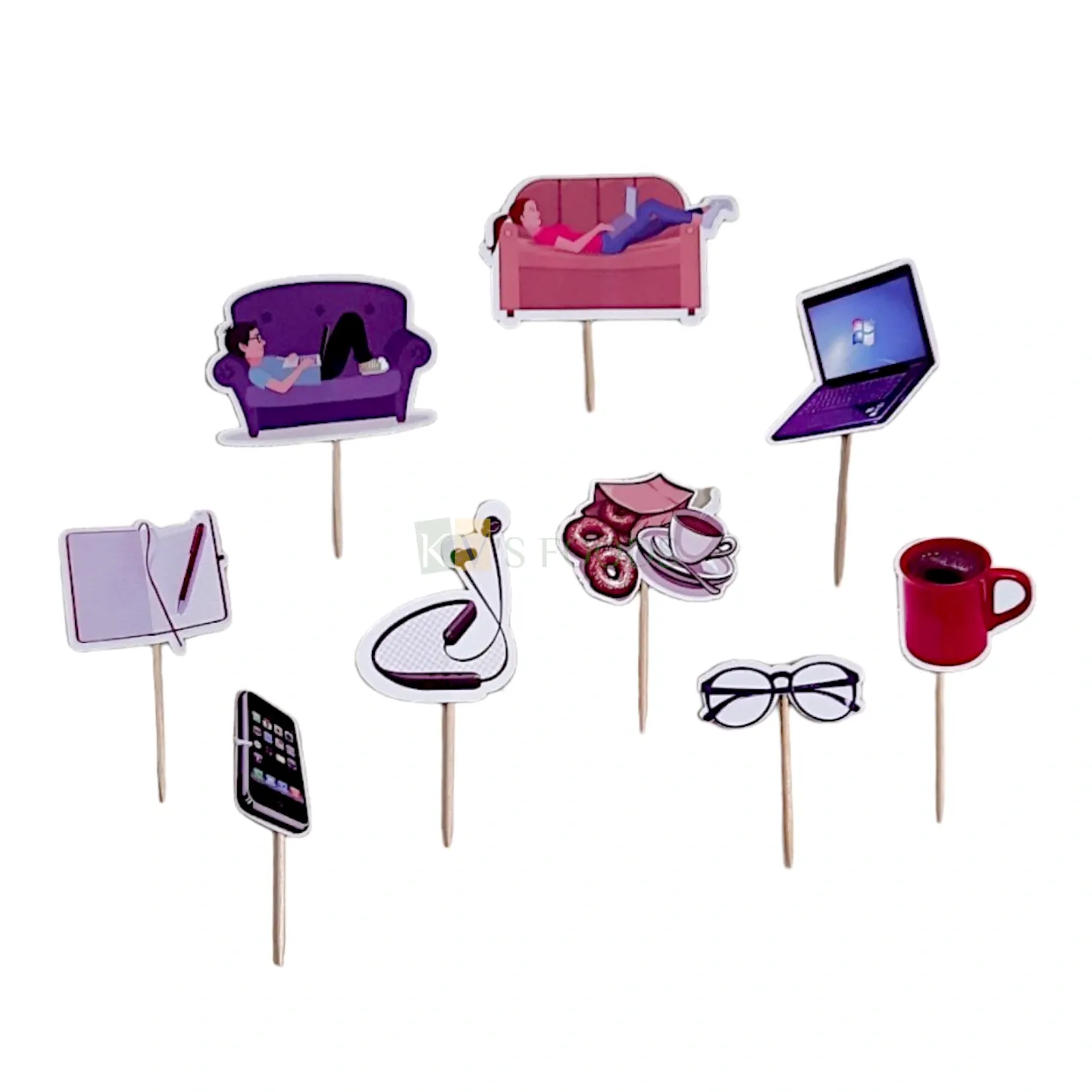 9 PCS Paper Work From Home Theme Earphone Mobile Laptop Specks Coffee Mug, Tea Time Cake Topper Insert Cupcake Toppers for Boys Girls Cake Decorations Items Tags, Banners, Cards, Toothpicks Toppers