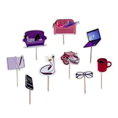 9 PCS Paper Work From Home Theme Earphone Mobile Laptop Specks Coffee Mug, Tea Time Cake Topper Insert Cupcake Toppers for Boys Girls Cake Decorations Items Tags, Banners, Cards, Toothpicks Toppers