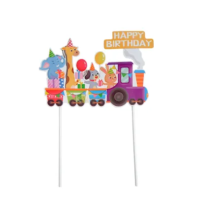 1 PC Animal Train Paper Banner Cake Toppers Zoo Jungle Safari Theme Inserts  for Girls Boys Friends Happy Birthday Decorations Items Cake Accessories, Tags, Cards, White Stick Toppers