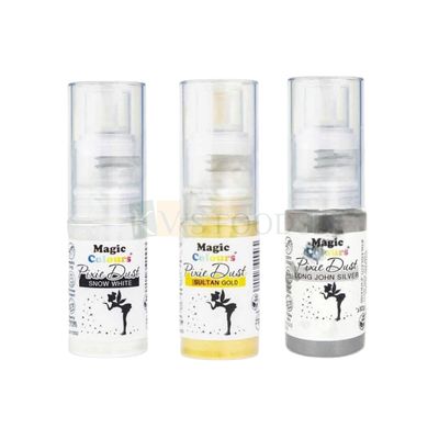 10 Gram Pixie Dust Spray Magic Colours, Snow White/Sultan Gold/Silver Colour, 100% Edible dust over Chocolate, Sugar Flowers, Cream Cakes, or any icing and create a metallic sparkle in seconds