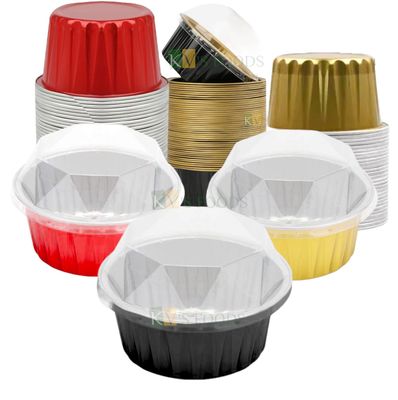 10 PCS Set 125ml Colorful Aluminium Disposable Ramekins Cups With Diamond Lids, 125ml/ 5 OZ Mini Bake &amp; Serve Pans With Lids Aluminium Foil Baking Cups for Cupcakes, Mousses, Pudding Containers Liners