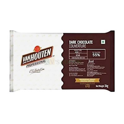 1 PC Van Houten Dark Chocolate Couverture 1 Kg, Cocoa 55%, Can be used for Decorating Cakes, Cupcakes, Cookies, Brownies, Toppings, Coverings, Fillings, Moulding, Garnishing, To Make Chocolates