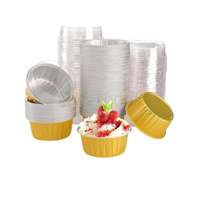 10 PCS Set, 150ML/5Oz, Golden Foil Disposable Cupcake Liner With Lids, Bake &amp; Serve Pan, Aluminium Foil Baking Cups for Cupcakes, Mousses, Pudding Containers, Heat Resistant for Muffins, Creme Brulee