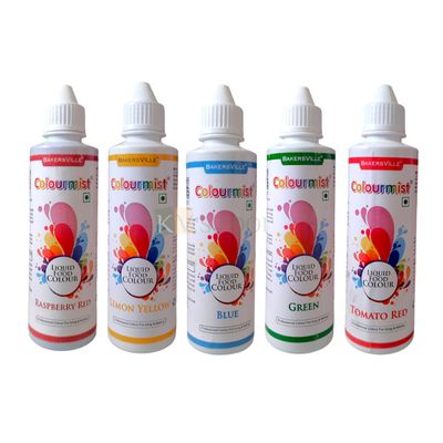 200 Grams Bakersville Colourmist Liquid Food Colour, Tomato Red, Blue, Lemon Yellow, Raspberry Red, Green Colour, For Cream, Icing, Cake, Frosting, Dessert, Milkshake, Baking Cookies Ice-creams, Sweet
