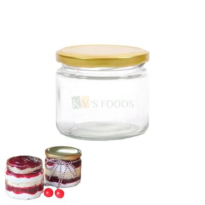 1 PC Big Diameter 3.4 Inches Capacity ~350 ML, Transparent &amp; Clear Glass Jar Container With Golden Metal Lid, Mousse Chocolate, Dryfruits, Jam, Candies, Multipurpose Round Airtight Jar Cake Packaging