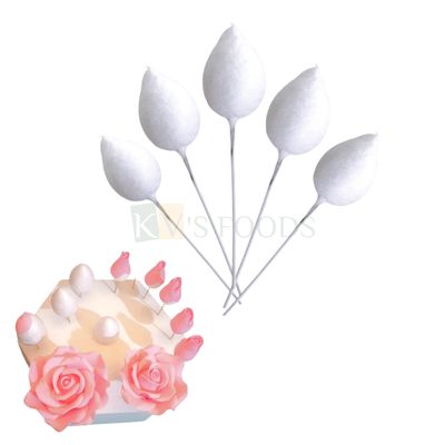 5 PCS Set White Cotton Leaf/Drop Shape Pointed Styrofoam Big Rose Flower Buds with Wire, 1.1 Inch Wide, Cone For Flower Making, Fondant Gum Paste Flowers, Birthday Cake Decorations, Baking Tools