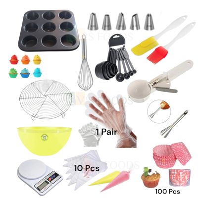 Multicolor, All in one Combo Set for Cupcake Making, Baking Tools, Kitchen Accessories, Cupcake Making Supplies, Combo Kit, Cupcake Tray Pan, Brush-Spatula Set, Measuring Cups, Cooling Rack, Liners