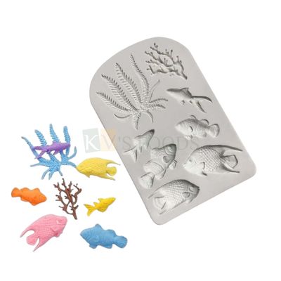 1 PC White 8 Cavity Marine Theme Goldfish Fish Shape, Seaweed, Coral Underwater Sealife Fondant Silicon Mould, Kids Birthday Baby Shower Theme Handmade Chocolate Side Cake Flexible Molds