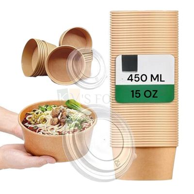 10 PCS Base Diameter 5 x 5 Inch Height 2.3 Inch Capacity ~ 15OZ/450 ML, Kraft Paper Brown Compostable Food Bowl with Lid, Cups Heat Preservation for Soups Stews Salad Hot and Cold Drinks Bowl, Fruits