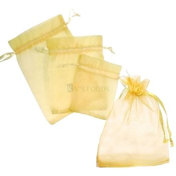 10 PCS  Fancy Golden Organza Rope Handle Synthetic Potli Gift Bags in Different Sizes Designs Chocolates, Gems, Jewelry Pouches Sheer Drawstring Candies Bag, Mesh Bag Multi Purpose for Valentines Day
