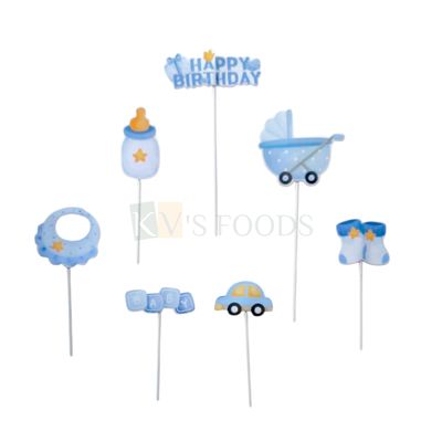 7 PCS Blue Yellow, Baby Shower Cake Topper New Born Boys Welcome Ceremony Party Cake Inserts, Happy Birthday Banner, Cradle, Bib, Car Toy, Milk Bottle, Socks, Baby Letters Cupcake Toppers Decorations