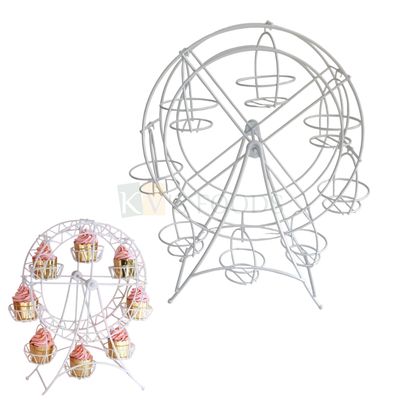 1 PC White Height 16.1 Inch Metal Ferris Wheel 8-Cupcakes Stand,  Manual Rotating Pinwheel Cupcake/Muffins Holder, Rotatable Frame Display Holder, Dessert Serving for Weddings, Birthday, Baby Shower