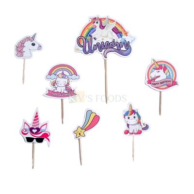 7 PCS Unicorn Pastel Colour Theme with Rainbow Star Cake Topper Insert, Cupcake Toppers Bday, Happy Birthday Decorations Items/Cake Accessories, Tags, Cards, Cake Toothpick Topper