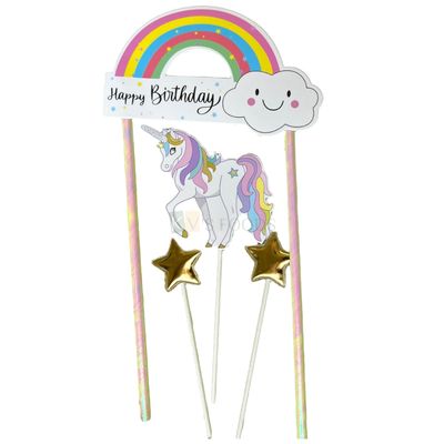 4PC Paper Cutout Happy Birthday Message Banner With Rainbow, Cloud &amp; Unicorn and Stars Cake Topper Set, Cake Topper Insert, Cake Decoration Accessories, DIY Cake Decor.