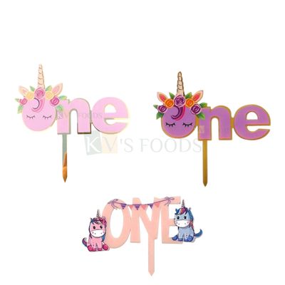 1PC Acrylic Letter ONE Coloured Purple/Pink/ Baby Pink Rainbow Floral Horn Cute little Unicorn Theme Cake Topper, Decor for Baby Girl 1st Birthday Celebrations, One Number Theme DIY Cake Decorations