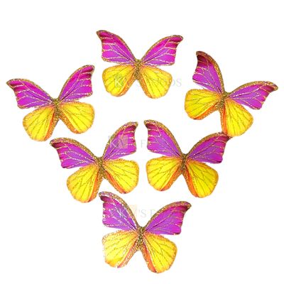 10 PCS Fancy Yellow Orange Pink Purple Festive Colours  Shade Golden Border Vein Glitter Hard Paper Foldable Butterfly Cake CupCake Toppers, Birthday Wedding Anniversary Decorations Cake Accessories