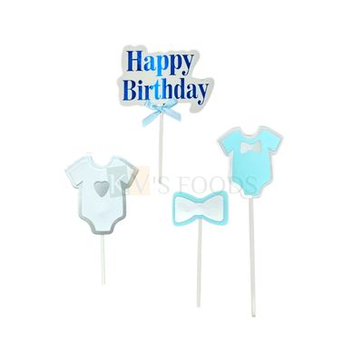 4 PCS Sky Blue Baby Shower Cake Topper Kids Boys Blue Theme Happy Birthday Banner, Baby Boy Clothes, Shirt, Bow, Cake Insert Paper Cutouts, Cake Topper DIY First Birthday Cake Decorations