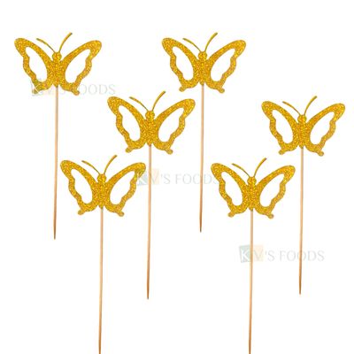 6 PCS Fancy Foam Golden Glitter Finish Shiny Butterfly Cake Toppers, Cupcake Topper, Birthday Decorations Cake Accessories, DIY Cake Decor