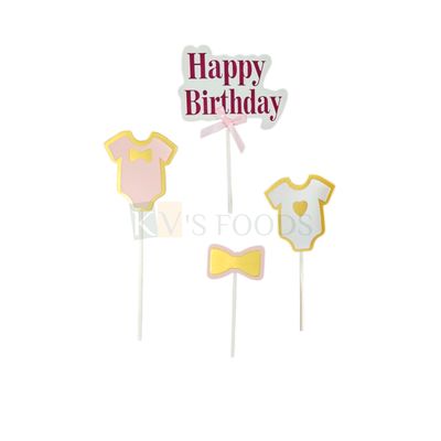 4 PCS Baby Pink Baby Shower Cake Toppers, Kids Girls Happy Birthday Banner, Baby Girl Clothes, Shirt, Bow, Cake Insert Paper Cutouts, Cake Topper DIY First Birthday Cake Decorations Accessories