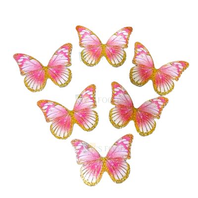 10 PCS Fancy Baby Pink Shade Pattern Golden Border Vein Glitter Hard Paper Foldable Butterfly Cake Toppers, Cupcake Toppers, Birthday Wedding Anniversary Decorations Cake Accessories
