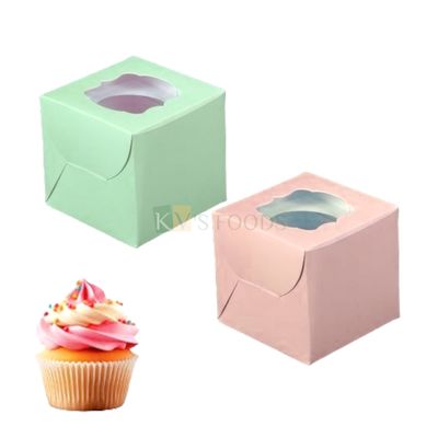 5PCS Set of Peach/Green Pastel Colour 1 Piece Cupcake Box, Cube Box With Transparent Window and 5 Cavity, Box, Size 3.7*3.7*3.6 Inch for Chocolates, Muffins, Biscuits, Macaron, Doughnuts, Folding Box