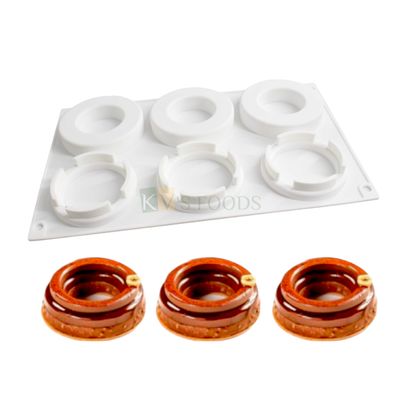 1 PC 6 Cavity White Silicone 3D Big Circle Rings Shaped Chocolate Mould, Size 29.5x18x1.9 cm, Mousse Mold Classic French Dessert Baking Pudding, Gelatin Cakes, Reusable Tools, Fondant Cake Decorations