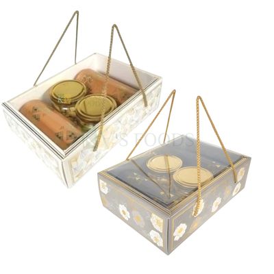 1 PC White/Grey Ginkgo Leaves, Flower Design Printed Multipurpose Chocolate Hamper Box with Transparent Window Box Size 11.9*7.7*3.5 Inch Premium Gift Hamper Bags with Clear Lid and Golden Rope Handle