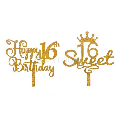 1PC Golden Shiny Glitter MDF Happy 16th Birthday Letters / Sweet 16 with Crown Tiara Cake Topper, Girls Happy Birthday Cake Glitter Insert, 16 Sixteen Number Theme Cake Topper  DIY Cake Decorations