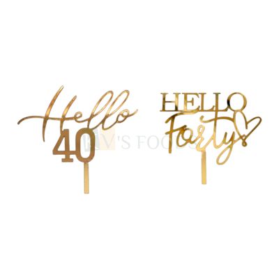 1PC Golden Acrylic Shiny Glass Finish Hello Forty With Heart Cake Topper, Happy 40th Birthday Cake Insert, Number Theme Cake Topper 40 Forty Years Old Birthday Party Unique Elegant Font Designs