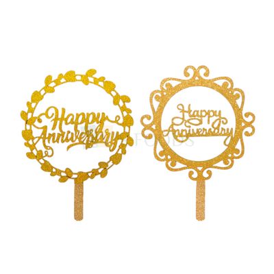 1PC Golden Shiny Glitter MDF Happy Anniversary Letters in Circle Flowers Leaves Design Cake Topper, Wedding Anniversary Theme Cake Cupcake Glitter Insert Unique Elegant Font Design DIY Cake Decoration