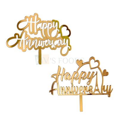 1PC Golden Acrylic Shiny Glass Finish Happy Anniversary Letters With Hearts Eiffel Tower Cake Topper, Marriage Anniversary Cake Topper Unique Elegant Font Design Cake Inserts DIY Cake Decoration