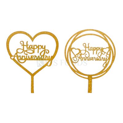 1PC Golden Shiny Glitter MDF Happy Anniversary Letters Heart/Circle Cake Topper, Marriage Anniversary Theme Cake Insert, Anniversary Celebration Unique Elegant Font Design Cake Inserts DIY Cake Decor