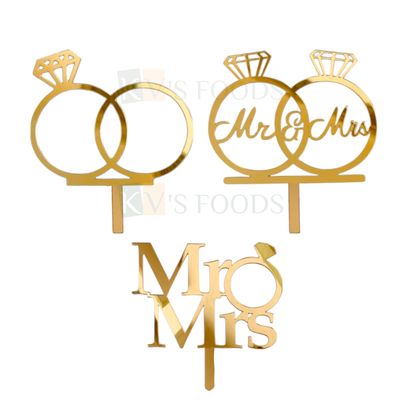 1PC Golden Acrylic Shiny Glass Finish Mr &amp; Mrs Letters In Diamond Ring  Cake Topper, Happy Engagement Ring Anniversary Wedding Celebrations Unique Elegant Font Design Cake Insert, DIY Cake Decorations