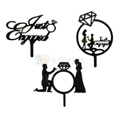 1PC Black Acrylic Just Engaged with Ring, Bride and Groom, Dressed Up Groom Proposing On Knee To Bride with Ring Cake Topper, Romantic Couples Engagement Cake Insert, Silhouette DIY Cake Decorations