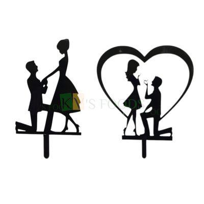 1PC Black Acrylic Groom Proposing Bride On Knee Silhouette Cake Topper, Romantic Couples, Engagement Cake Topper, Happy Anniversary Valentine Love Heart Theme Home Celebrations DIY Cake Decorations