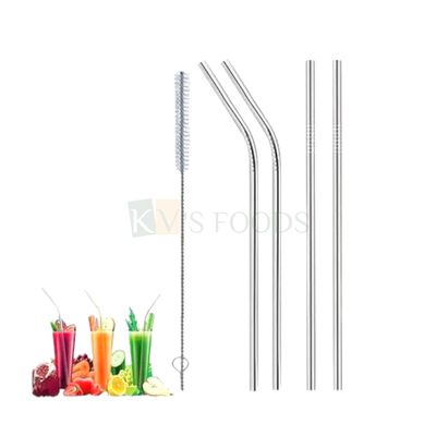 5PCS Stainless Steel Steel Metal Straws - 2 Straight &amp; 2 Bent Straw and Brush for Cleaning Straws, Drinking Smoothies, Juices, and Beverages, Straw for Kids, Reusable, Sipper Kitchen Accessories Tools