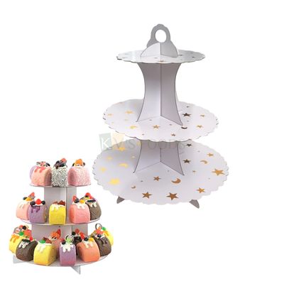 1PC Capacity ~ 20 to 22 Small Cupcakes, Disposable 3 Tier Cupcake Stand Tower, White Cardboard Stars Moon Design, Dessert Serving Stand Holder for Parties, Display Rack Muffins, Pastries, Doughnuts