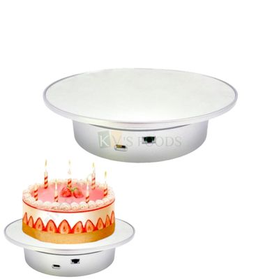 1PC Silver 360° Motorized Mirrored Electric Rotating Large Load Display Stand Turntable, Show Case for Display Birthday Cakes, USB Powered/Battery Operated, Smooth Rotating for Centerpiece Decoration