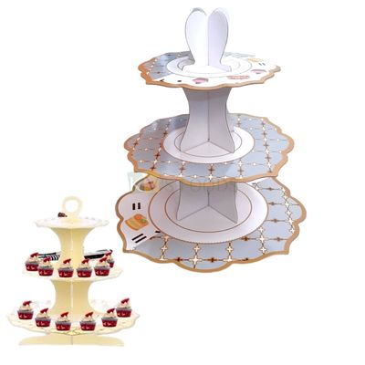 1PC Capacity ~ 20 to 22 Small Cupcakes, Disposable 3 Tier Cupcake Stand Tower, Cardboard White Grey Design, Dessert Serving Stand Holder for Parties, Display Rack Muffins, Pastries Doughnut