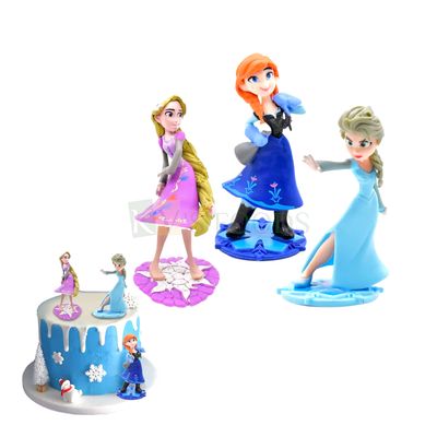 3PCs set of Disney Frozen Queen Elsa Anna Rapunzel  Princess Doll Cake Topper, Kids Girls Daughters, Birthday Theme, Doll with Base, Miniature, Figurines DIY Cake Decorations