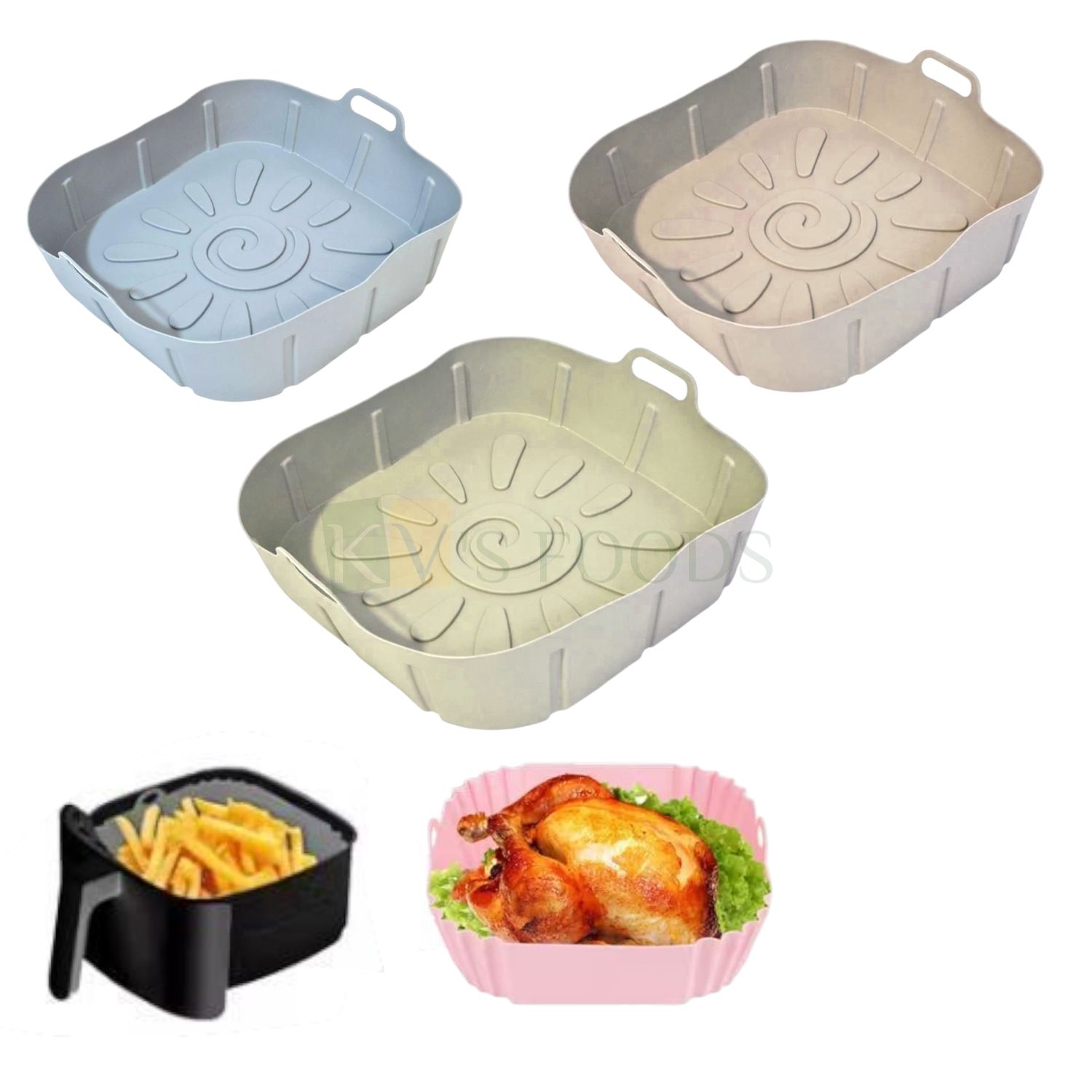 1 PC Reusable Silicone Air Fryer Square Shape Basket, Different Sizes Base Diameter - 6.5&quot;, 7.4&quot;, 8&quot;, Baking Tray, Liners Basket,  Apply to 1-3.5 QT Airfryer Pot Bowl, Kitchen Cooking Oven Accessory