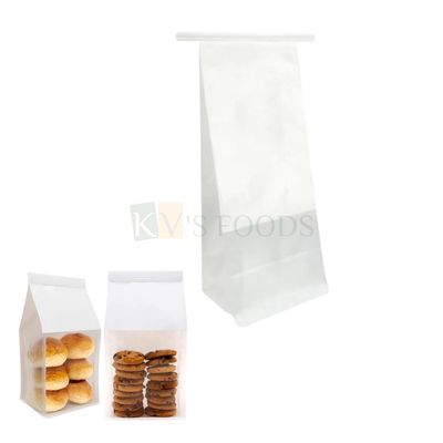 10 PCS White Colour Bakery Bags with Window- 4.3x3.8x11.4 Inches Tin Tie Tab Lock Pouches Cookies, Chocolates, Candy, Jelly, Gifting, Hamper Boxes, Puff Packaging, Bread Toast, Curled Wired-seal Bags