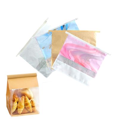 10 PCS White/Kraft Paper/Blue/Pink Colour Bakery Bags with Window- 8.4x3.9x7.6 Inches Tin Tie Tab Lock Pouches Cookies, Chocolates, Candy, Jelly, Gifting, Hamper Boxes, Bread, Toast, Puff Packaging