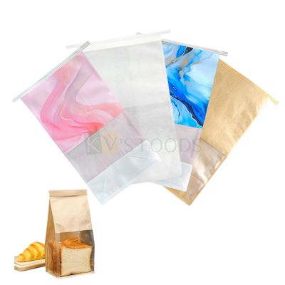 10 PCS White/Kraft Paper/Blue/Pink Colour Bakery Bags with Window- 6.4x5x10.7 Inches Tin Tie Tab Lock Pouches Cookies, Chocolates, Candy, Jelly, Gifting, Hamper Boxes, Bread, Toast, Puff Packaging